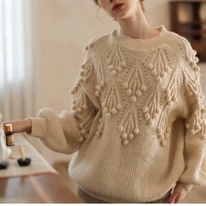 Arula cream pom pom tunic ribbed knit sweater